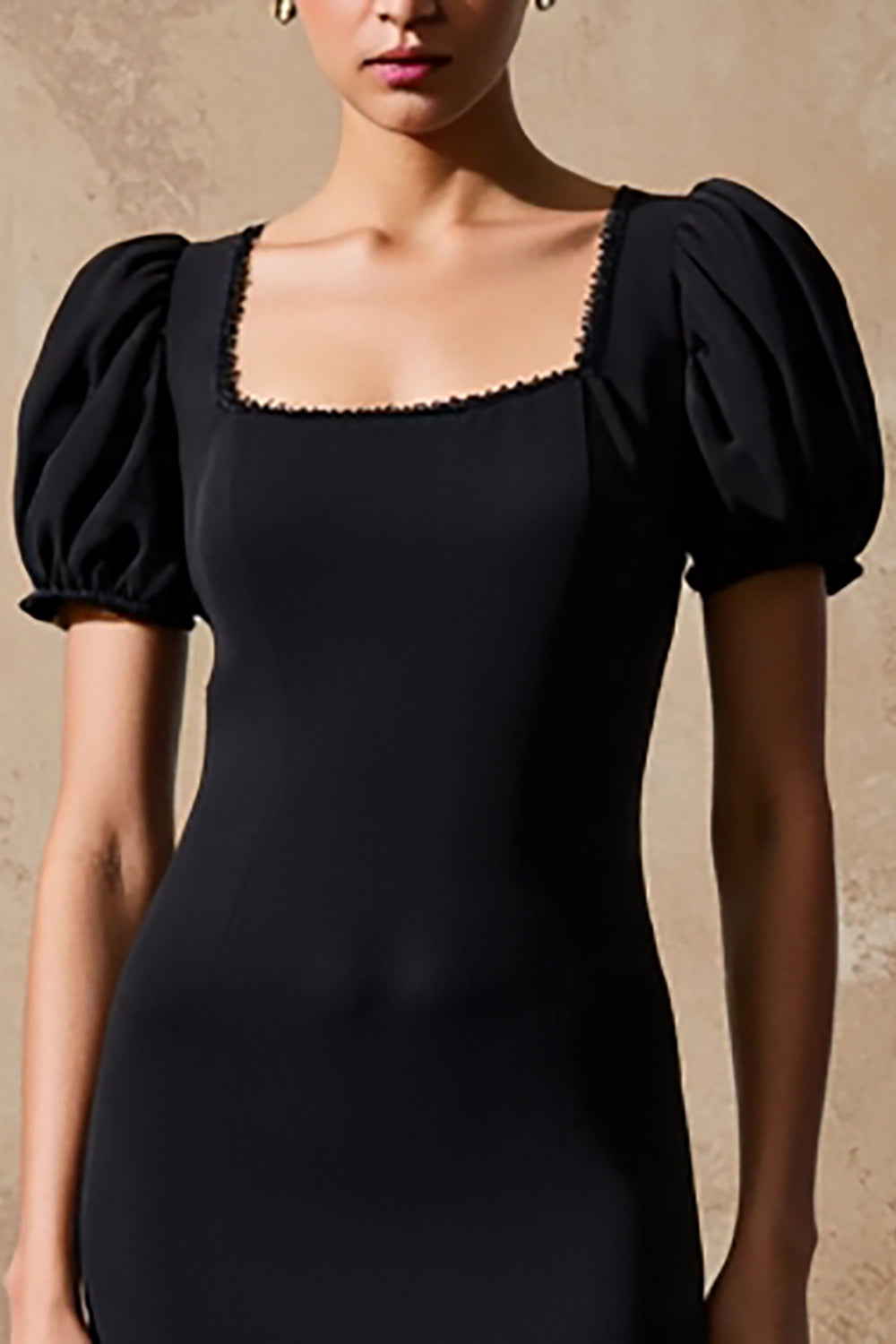 Schwarzes Langes Partykleid mit quadratischem Ausschnitt und Puffärmeln