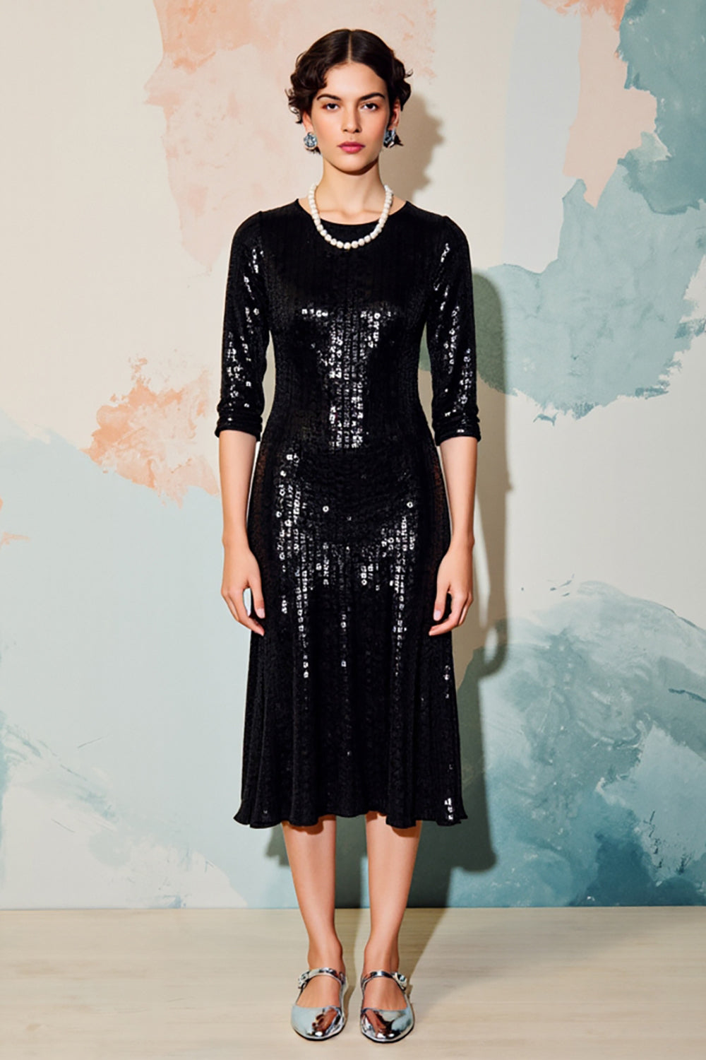 Glitzerndes Schwarzes Pailletten Rundhalsausschnitt Midi Formelles Kleid mit halben Ärmeln