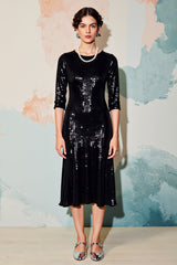 Glitzerndes Schwarzes Pailletten Rundhalsausschnitt Midi Formelles Kleid mit halben Ärmeln
