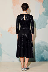 Glitzerndes Schwarzes Pailletten Rundhalsausschnitt Midi Formelles Kleid mit halben Ärmeln