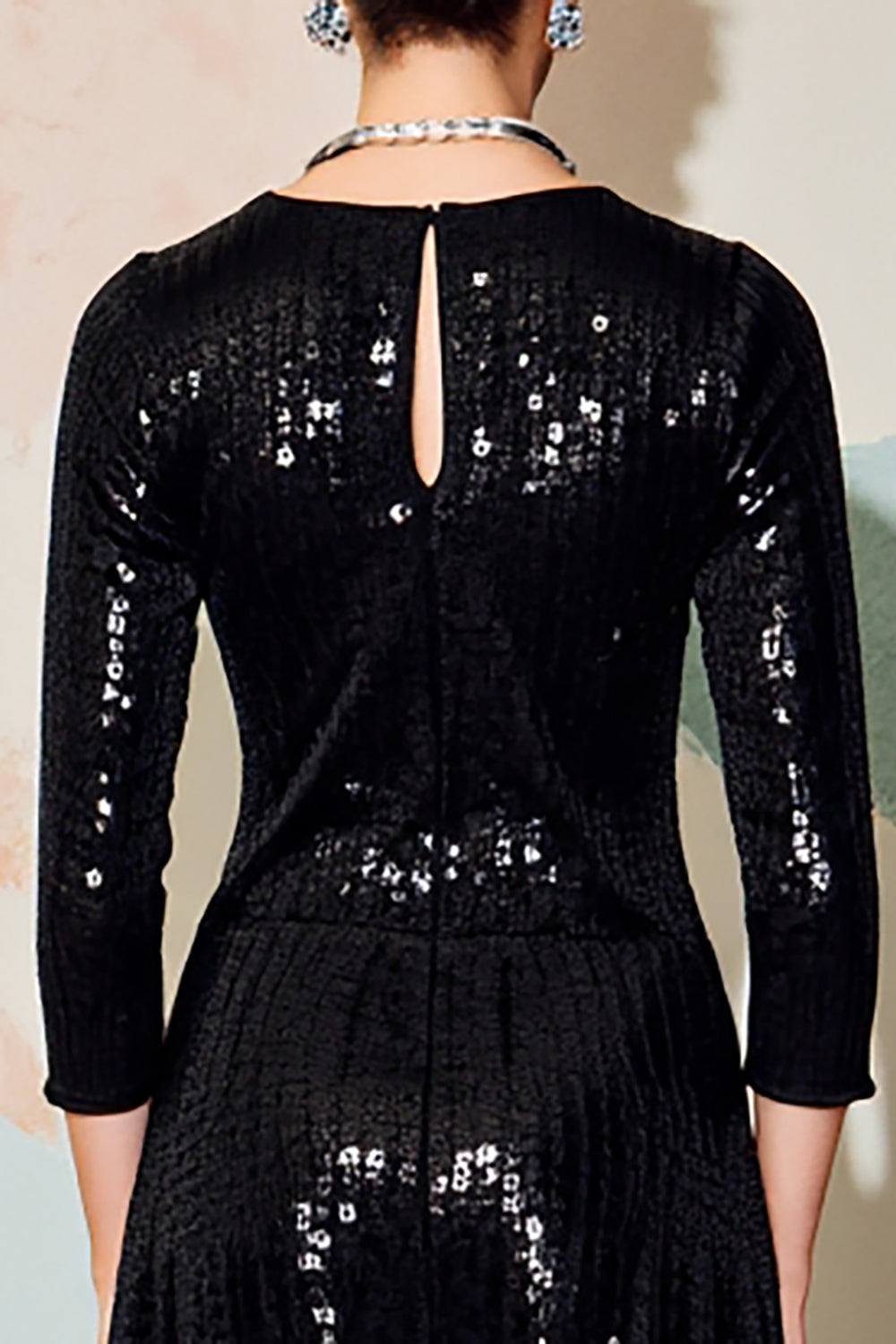 Glitzerndes Schwarzes Pailletten Rundhalsausschnitt Midi Formelles Kleid mit halben Ärmeln