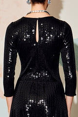 Glitzerndes Schwarzes Pailletten Rundhalsausschnitt Midi Formelles Kleid mit halben Ärmeln