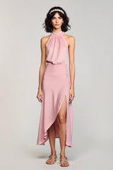 Rosa Neckholder Rückenfreies Midikleid für Hochzeitsgäste mit Schlitz