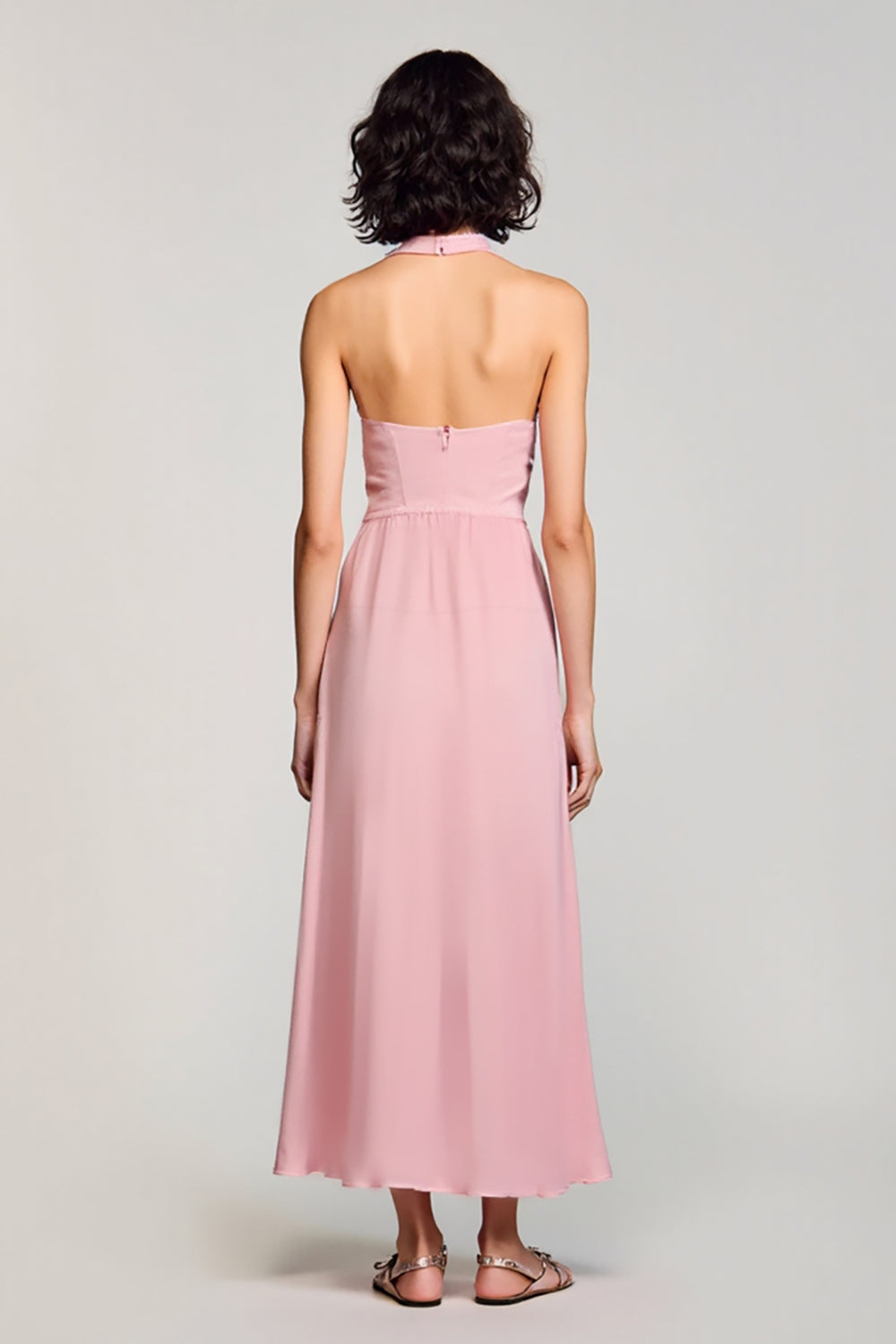 Rosa Neckholder Rückenfreies Midikleid für Hochzeitsgäste mit Schlitz