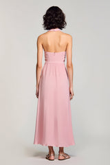Rosa Neckholder Rückenfreies Midikleid für Hochzeitsgäste mit Schlitz