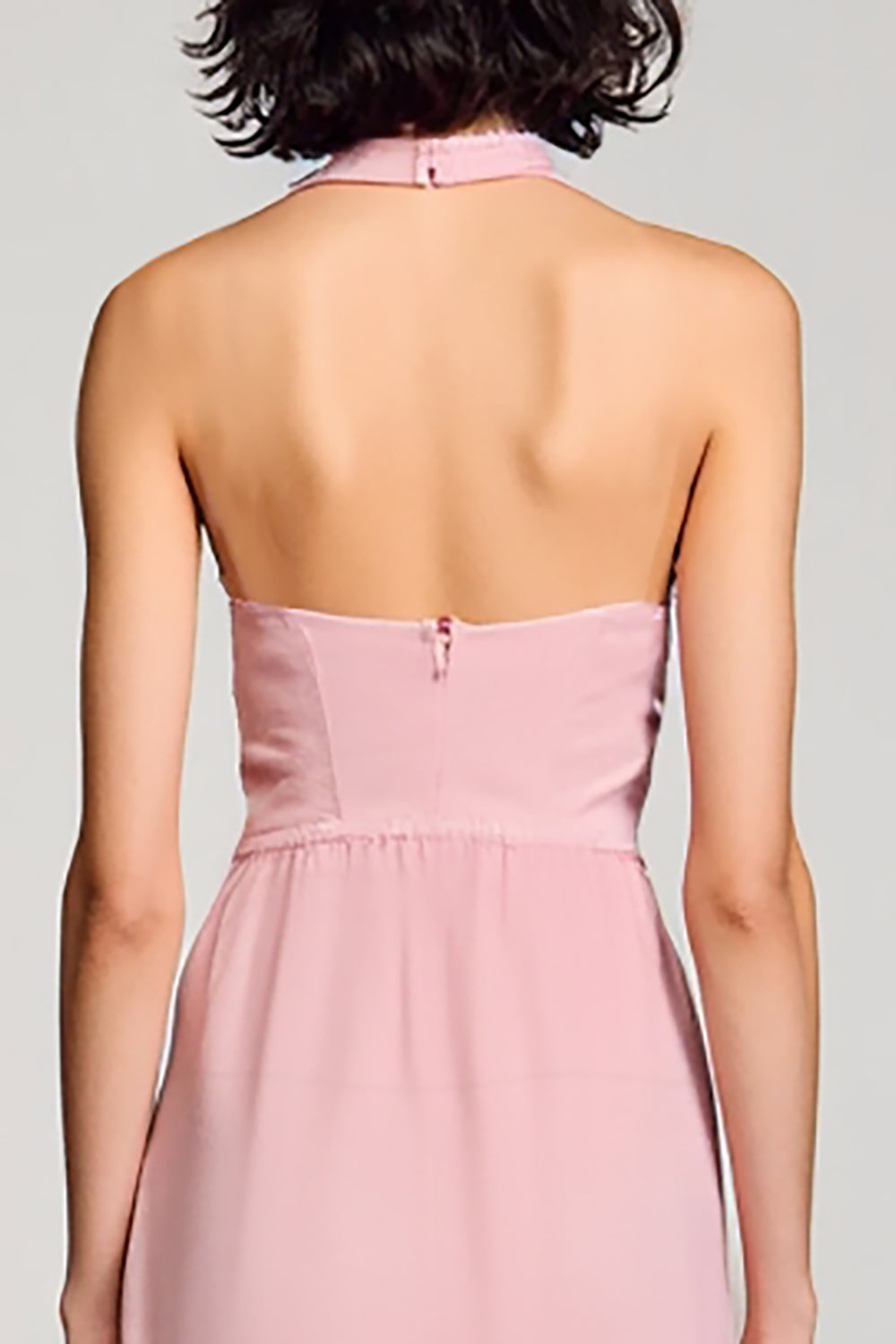 Rosa Neckholder Rückenfreies Midikleid für Hochzeitsgäste mit Schlitz