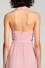 Rosa Neckholder Rückenfreies Midikleid für Hochzeitsgäste mit Schlitz