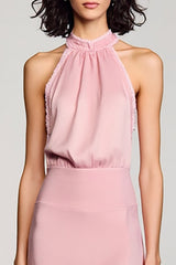 Rosa Neckholder Rückenfreies Midikleid für Hochzeitsgäste mit Schlitz