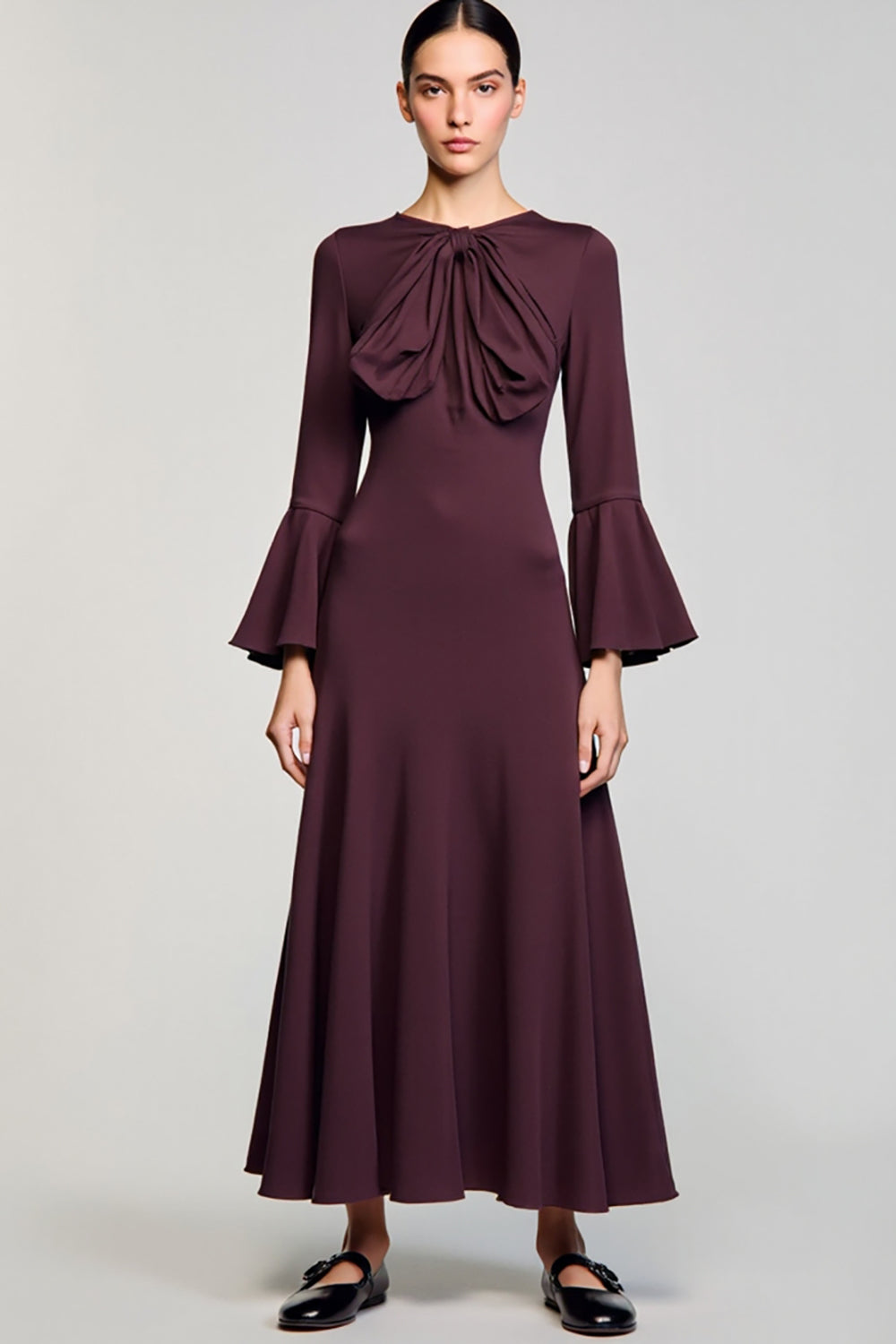 Burgunder A-Linie Schleife Kleid für Hochzeitsgäste mit Ärmeln