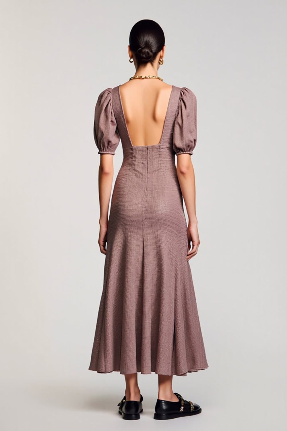 Kaffee A Linie Langes Hochzeitsgastkleid mit quadratischem Ausschnitt und Puffärmeln
