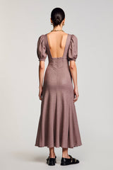 Kaffee A Linie Langes Hochzeitsgastkleid mit quadratischem Ausschnitt und Puffärmeln