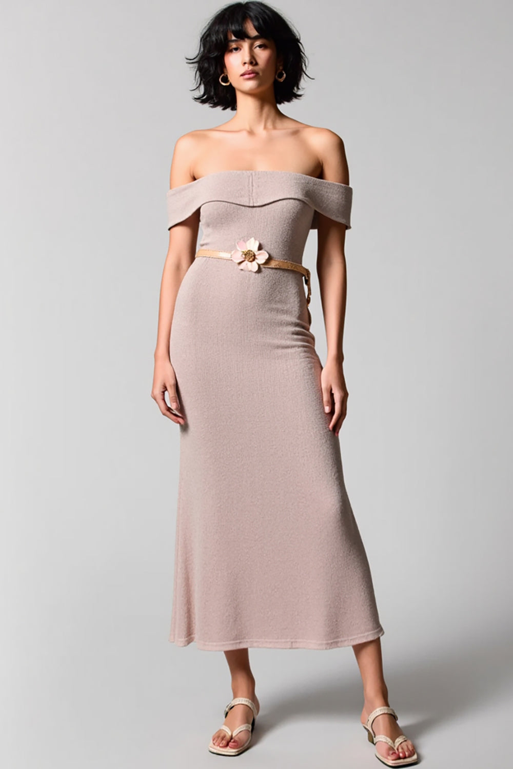 Einfaches Schulterfreies Midikleid für Hochzeitsgäste
