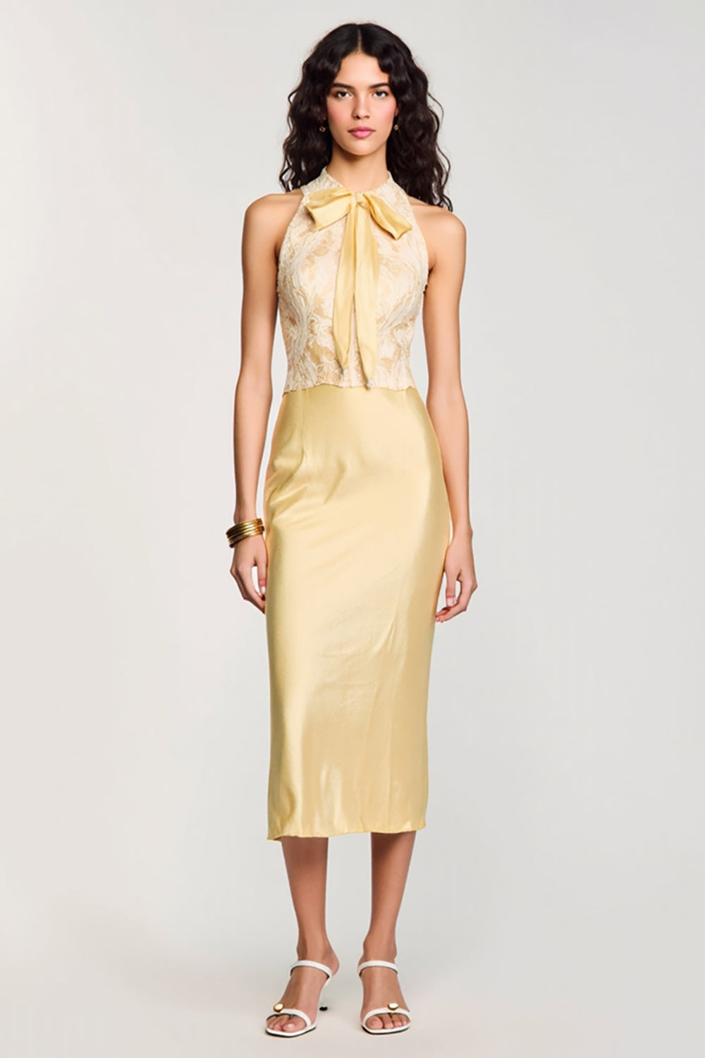 Gelbes Neckholder Bodycon Midi Kleid mit Schleife für Hochzeitsgäste