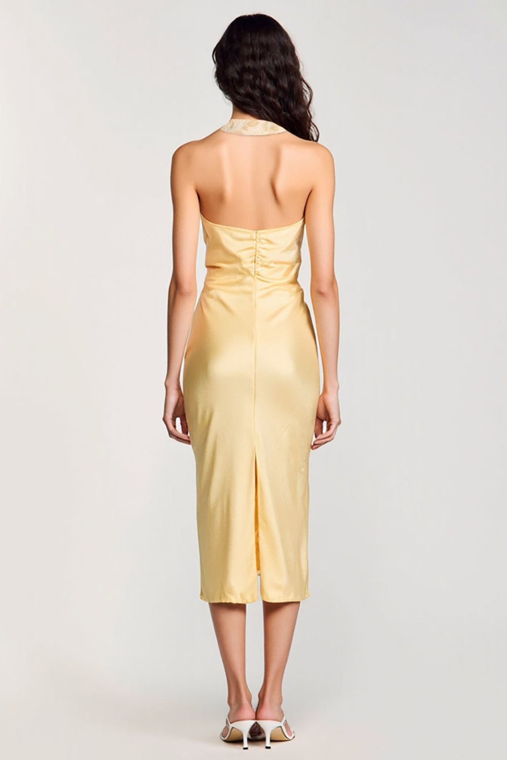 Gelbes Neckholder Bodycon Midi Kleid mit Schleife für Hochzeitsgäste