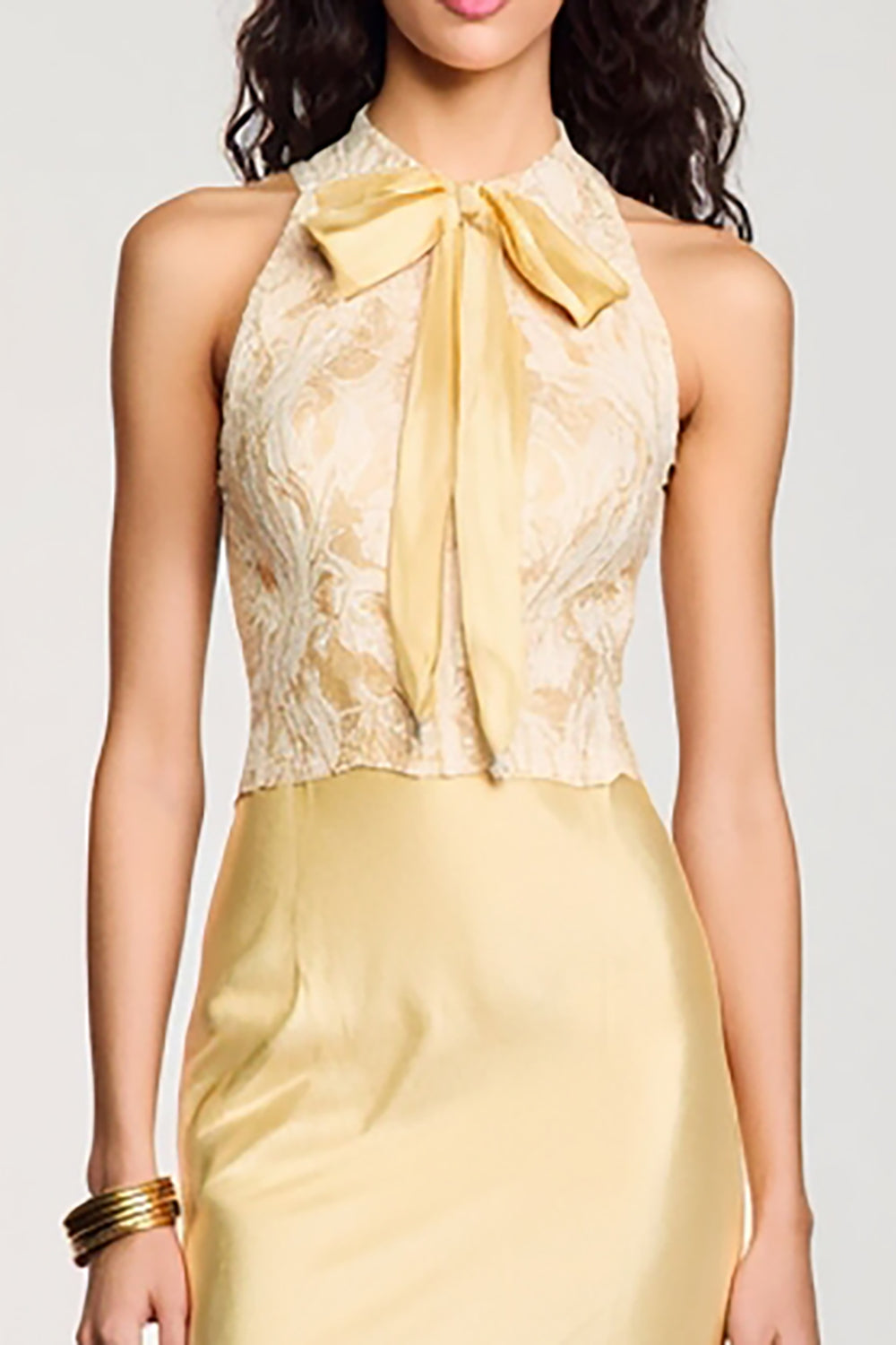 Gelbes Neckholder Bodycon Midi Kleid mit Schleife für Hochzeitsgäste