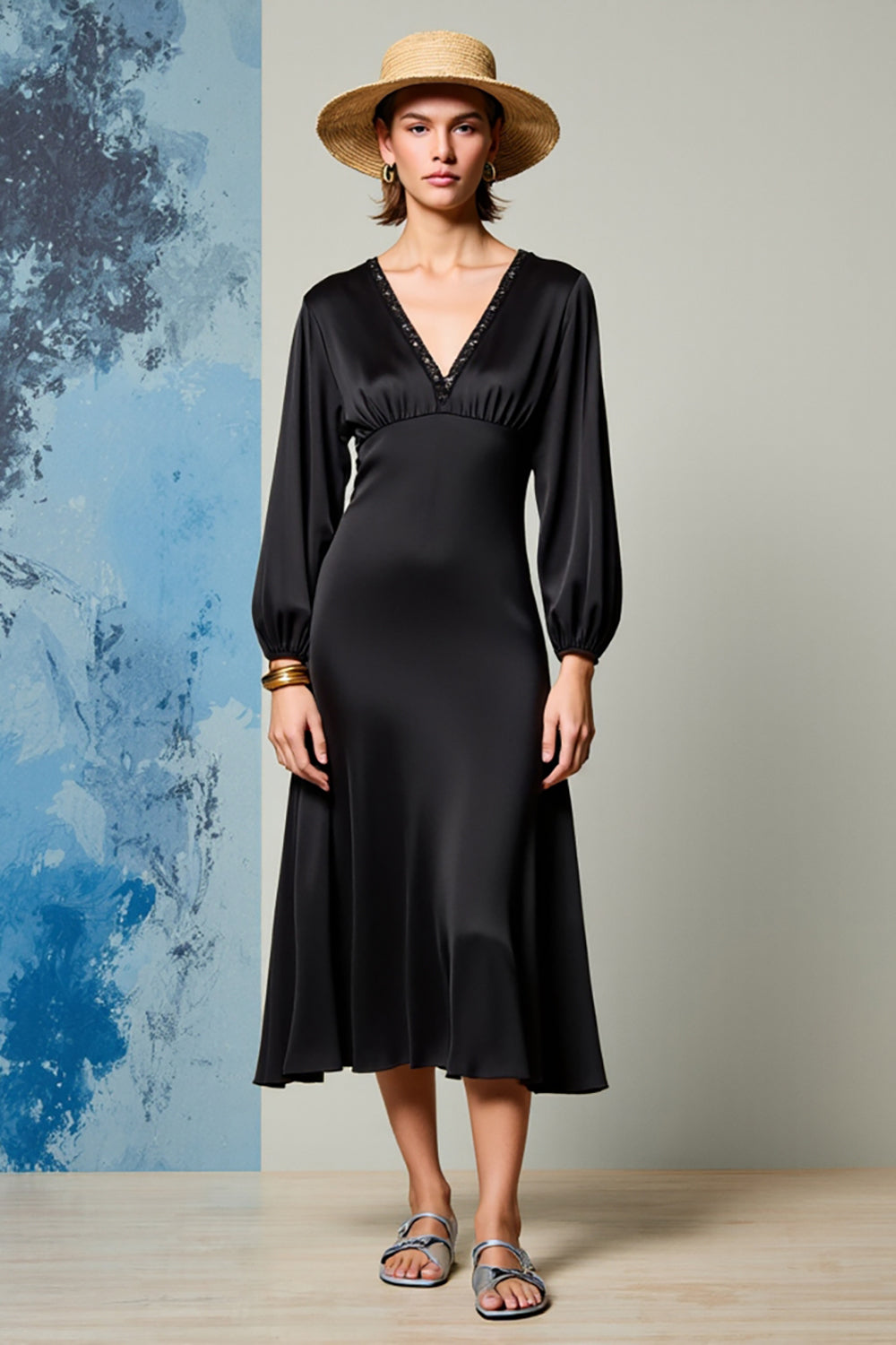 Schwarzes Rüschen Kleid für Hochzeitsgäste mit V-Ausschnitt in A-Linie