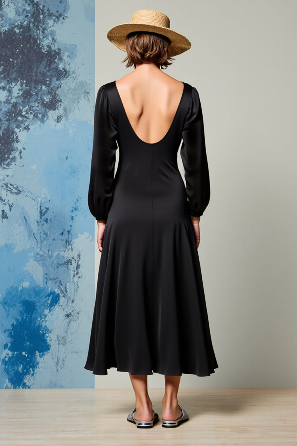 Schwarzes Rüschen Kleid für Hochzeitsgäste mit V-Ausschnitt in A-Linie