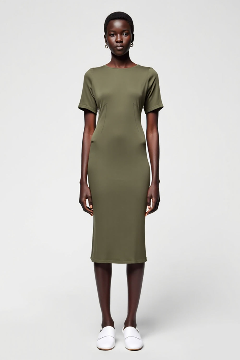 Olive Etui Midi Kleid für Hochzeitsgäste aus Satin