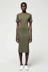 Olive Etui Midi Kleid für Hochzeitsgäste aus Satin