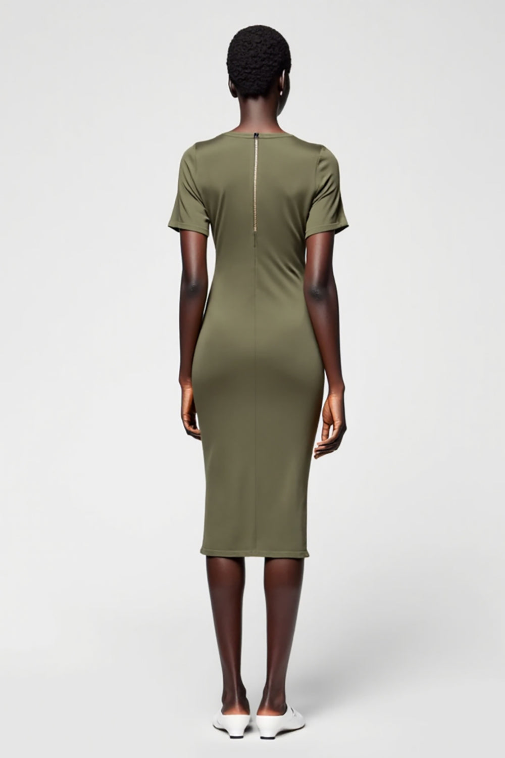 Olive Etui Midi Kleid für Hochzeitsgäste aus Satin