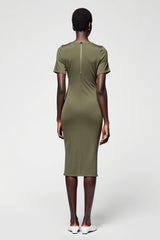Olive Etui Midi Kleid für Hochzeitsgäste aus Satin