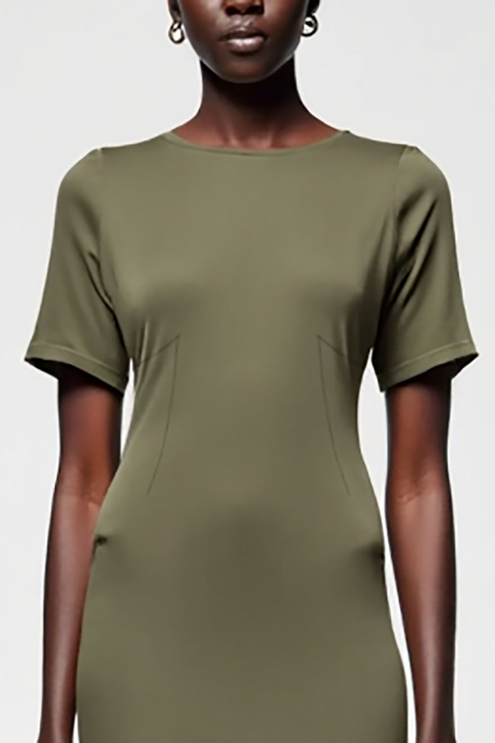 Olive Etui Midi Kleid für Hochzeitsgäste aus Satin