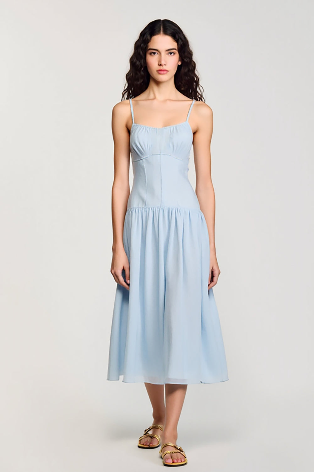 Chiffon Blaues Spaghettiträger A Linie Hochzeitsgastkleid