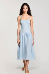 Chiffon Blaues Spaghettiträger A Linie Hochzeitsgastkleid