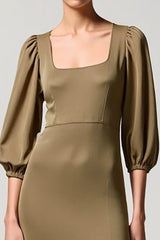 Olive A-Linie Hochzeitsgastkleid mit quadratischem Ausschnitt