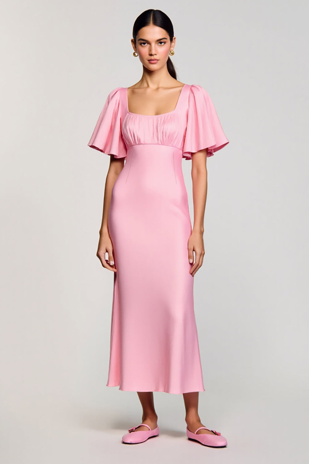 Rosa Etui Chiffon Quadratischer Ausschnitt Hochzeitsgastkleid