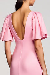 Rosa Etui Chiffon Quadratischer Ausschnitt Hochzeitsgastkleid