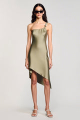 Olive Satin Brautkleid mit einer Schulter