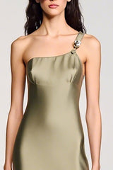 Olive Satin Brautkleid mit einer Schulter