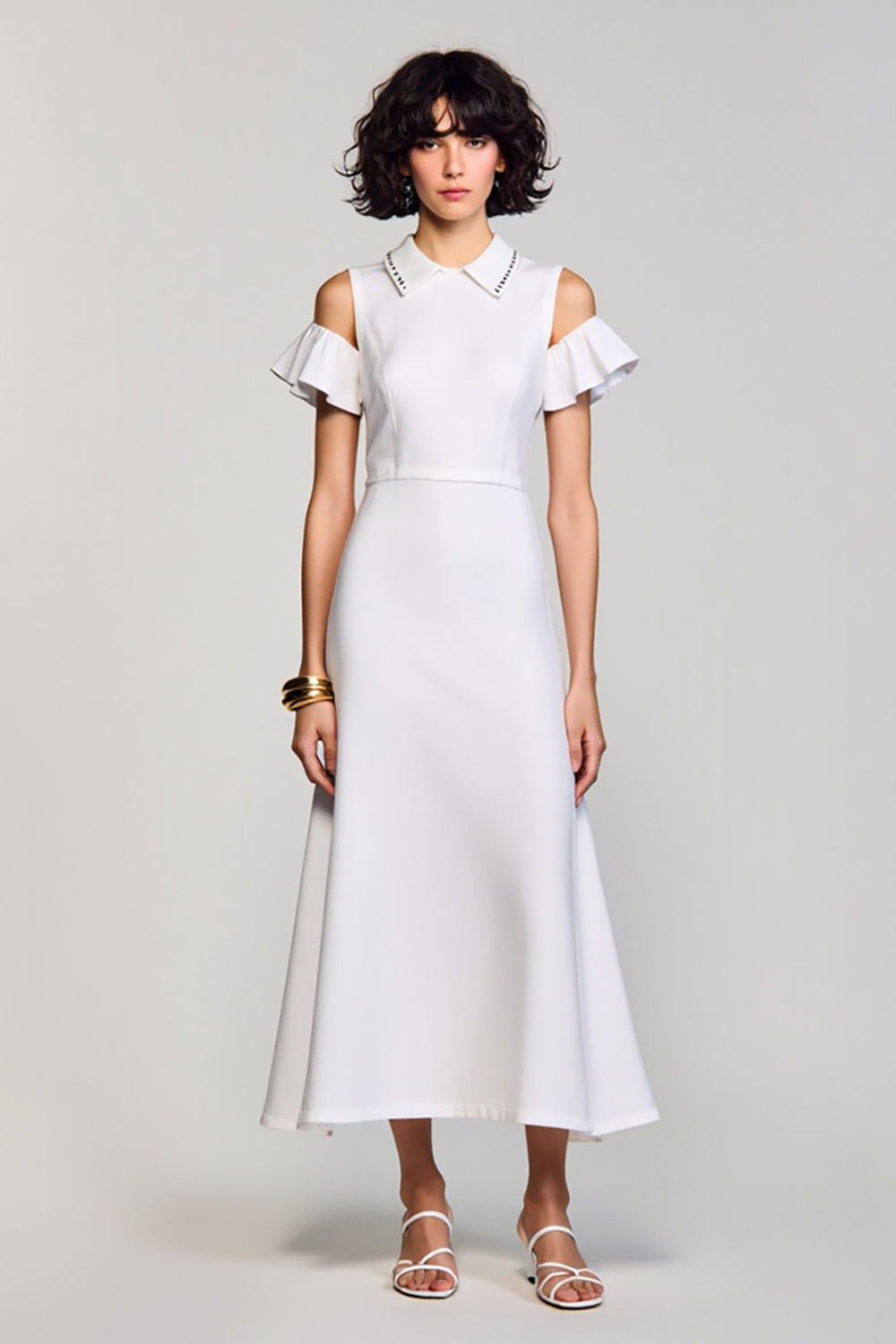 Schulterfreies Weißes A-Linie Kleid für Hochzeitsgäste aus Baumwolle