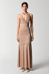 Desert Rose Jacquard Kleid für Hochzeitsgäste mit V-Ausschnitt