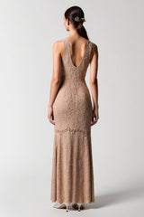 Desert Rose Jacquard Kleid für Hochzeitsgäste mit V-Ausschnitt