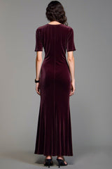 Burgundy Hochzeitsgastkleid aus Samt mit quadratischem Ausschnitt