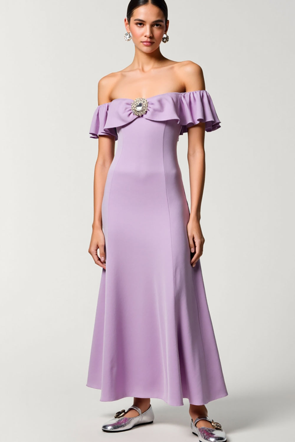 Chiffon Lila Schulterfreies A-Linie Kleid für Hochzeitsgäste