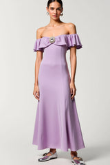 Chiffon Lila Schulterfreies A-Linie Kleid für Hochzeitsgäste