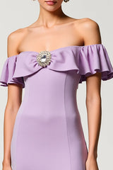 Chiffon Lila Schulterfreies A-Linie Kleid für Hochzeitsgäste