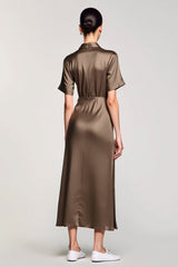 Olive Etui Gekerbtes Revers Hochzeitsgastkleid mit Schlitz