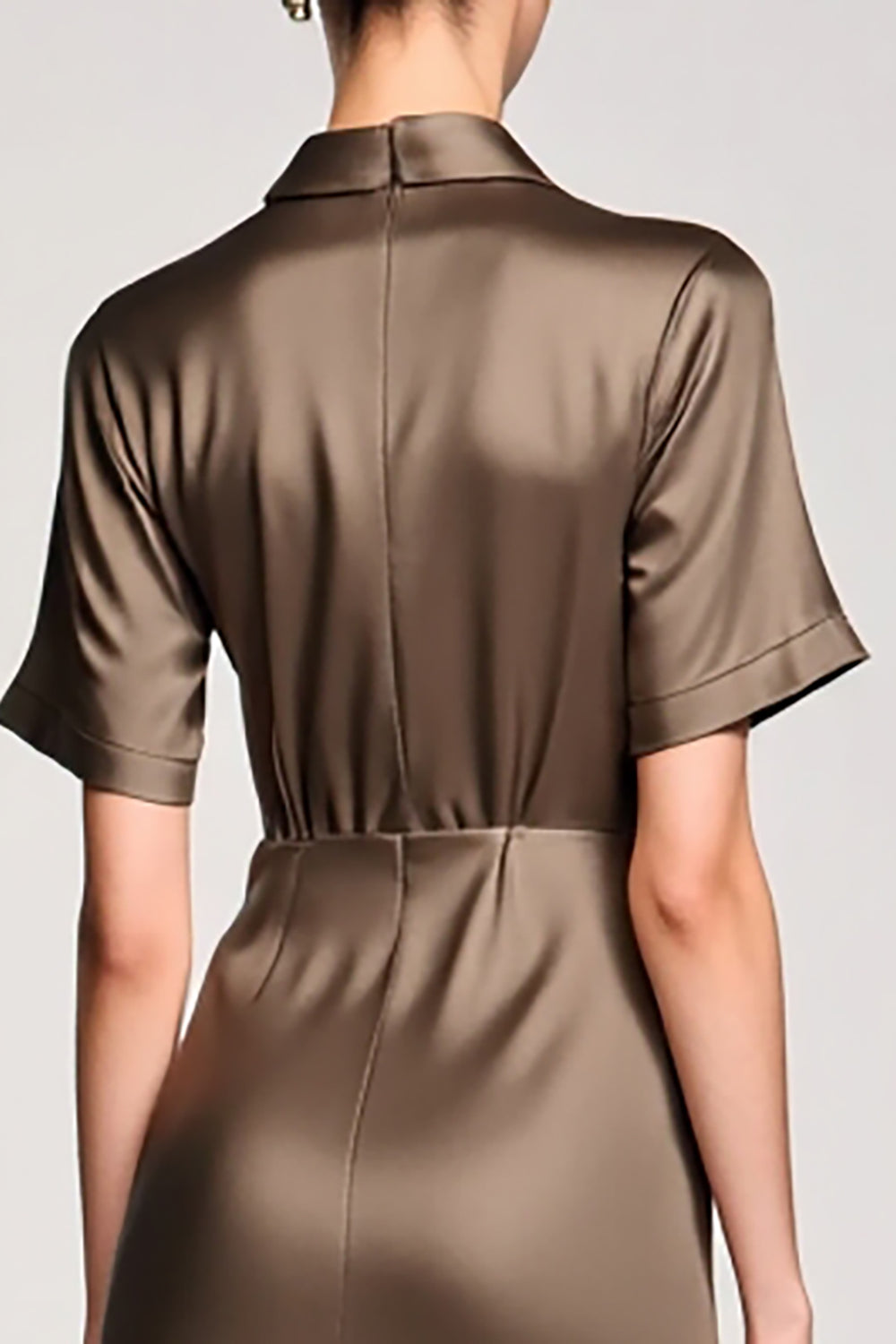 Olive Etui Gekerbtes Revers Hochzeitsgastkleid mit Schlitz