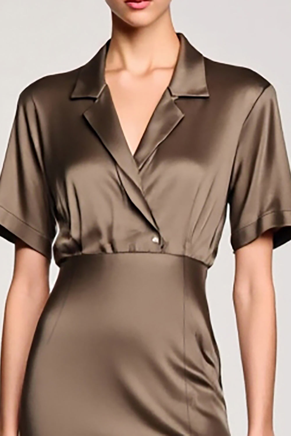 Olive Etui Gekerbtes Revers Hochzeitsgastkleid mit Schlitz