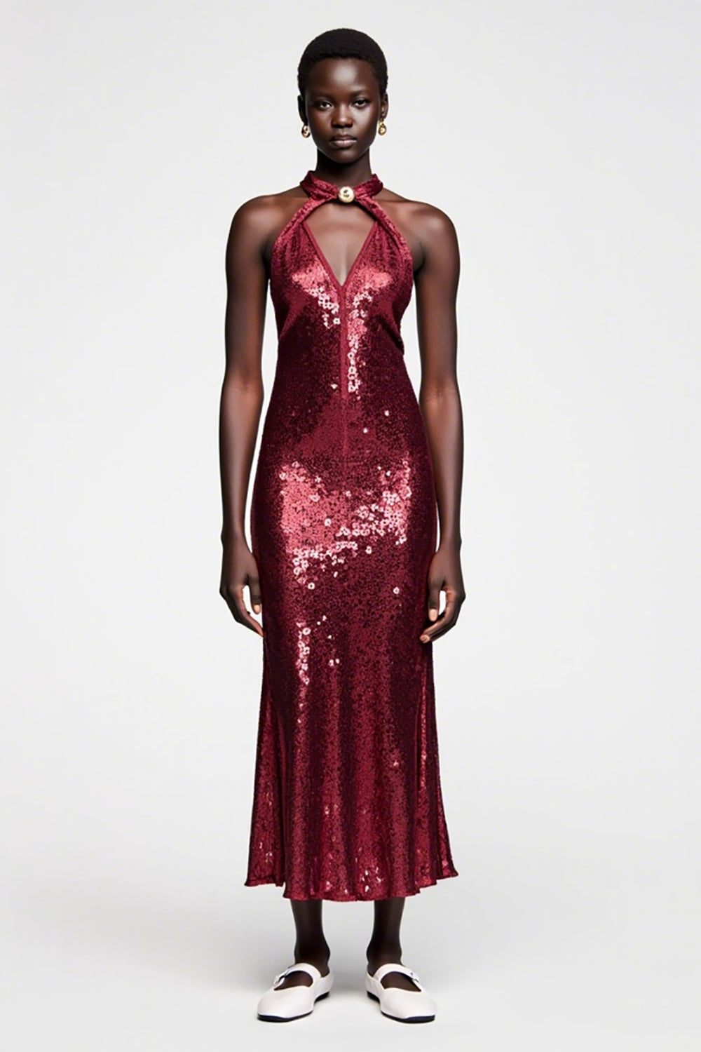 Funkelndes Dunkelrotes Pailletten Neckholder Hochzeitsgastkleid