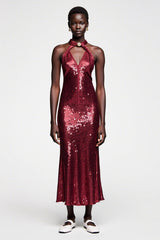 Funkelndes Dunkelrotes Pailletten Neckholder Hochzeitsgastkleid