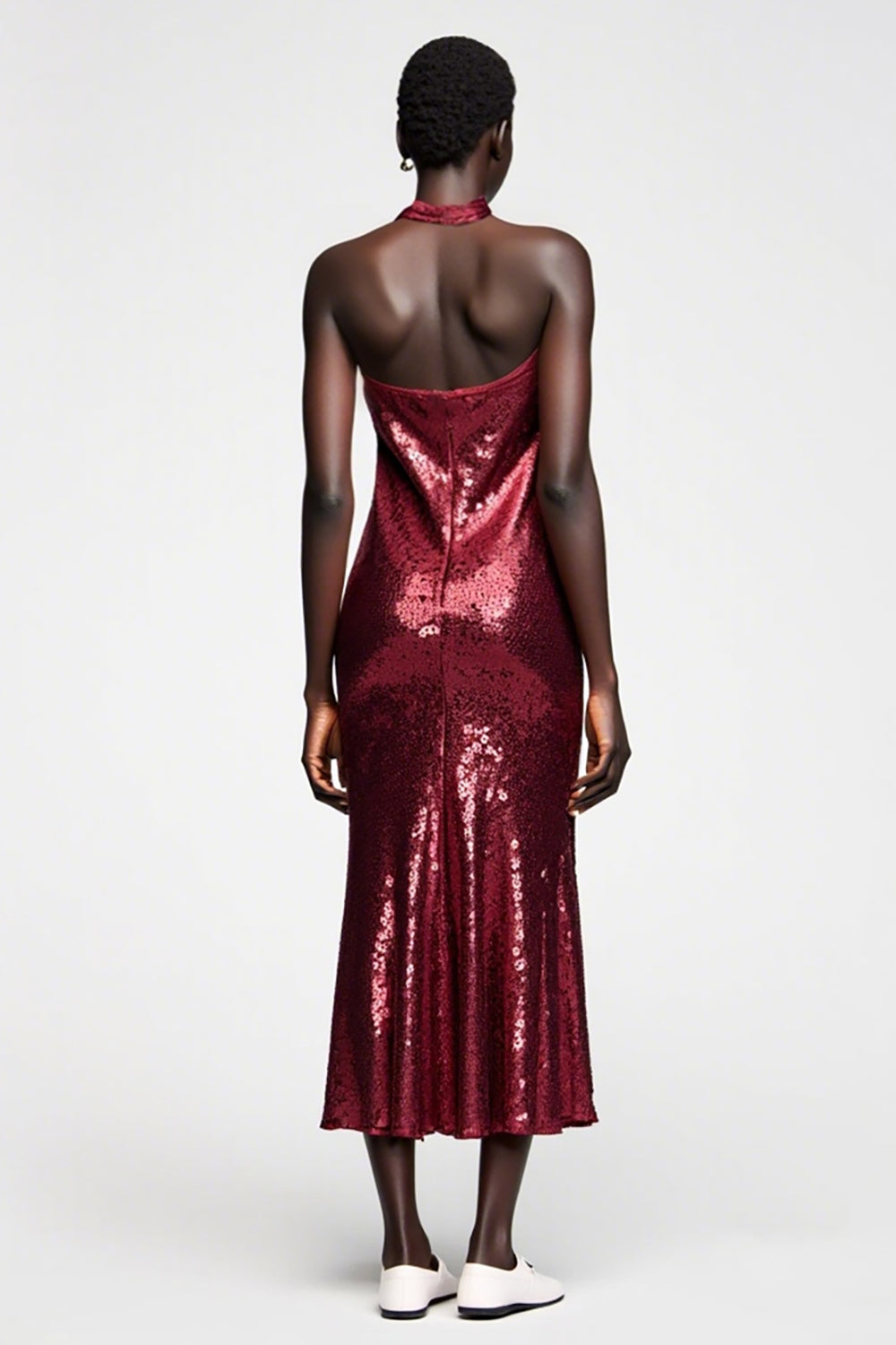 Funkelndes Dunkelrotes Pailletten Neckholder Hochzeitsgastkleid