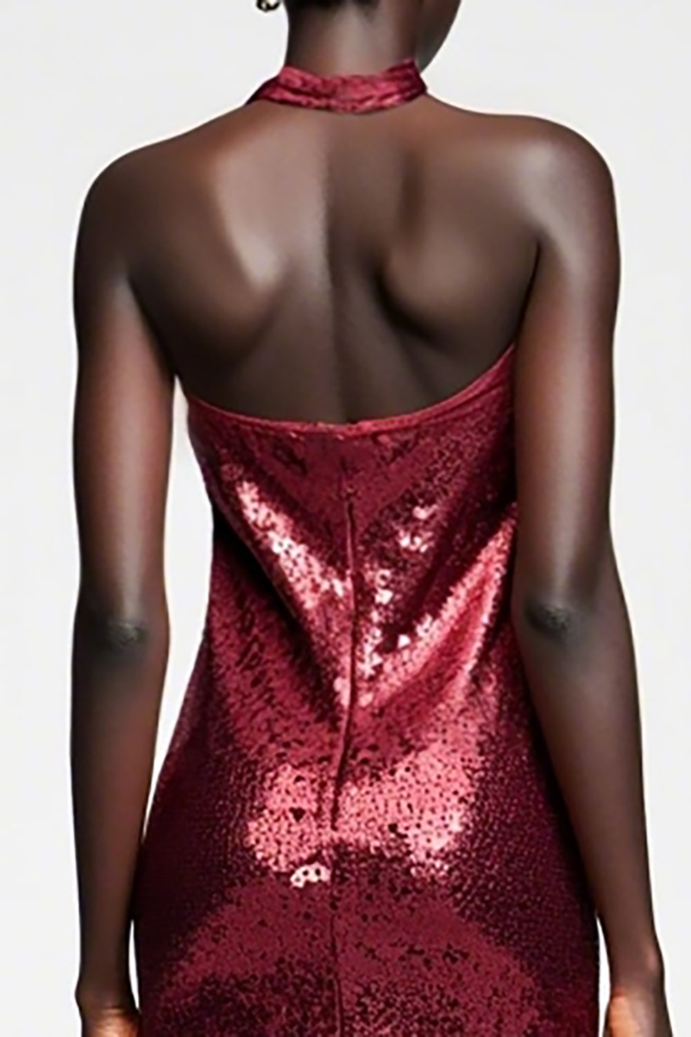 Funkelndes Dunkelrotes Pailletten Neckholder Hochzeitsgastkleid