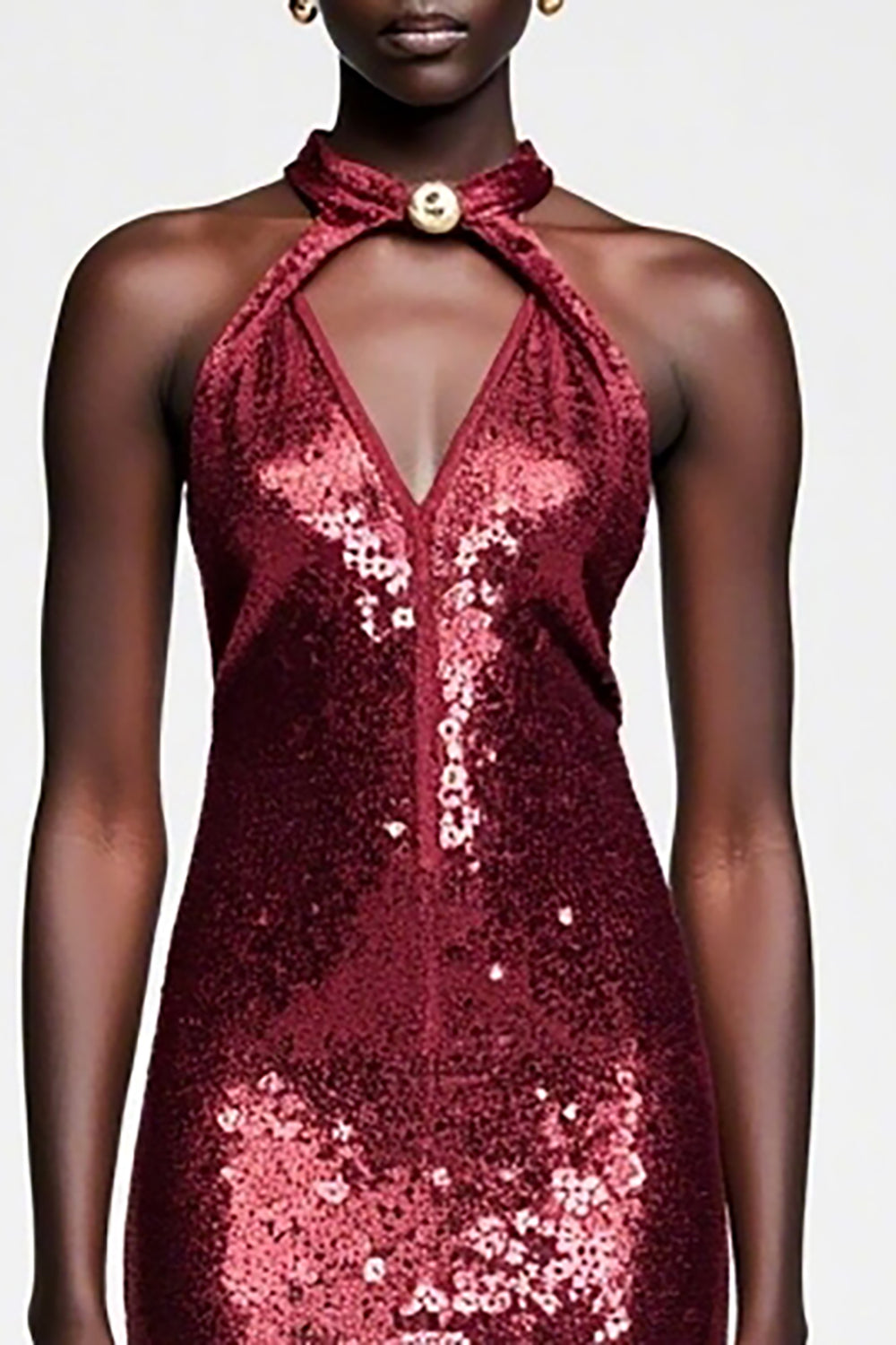 Funkelndes Dunkelrotes Pailletten Neckholder Hochzeitsgastkleid