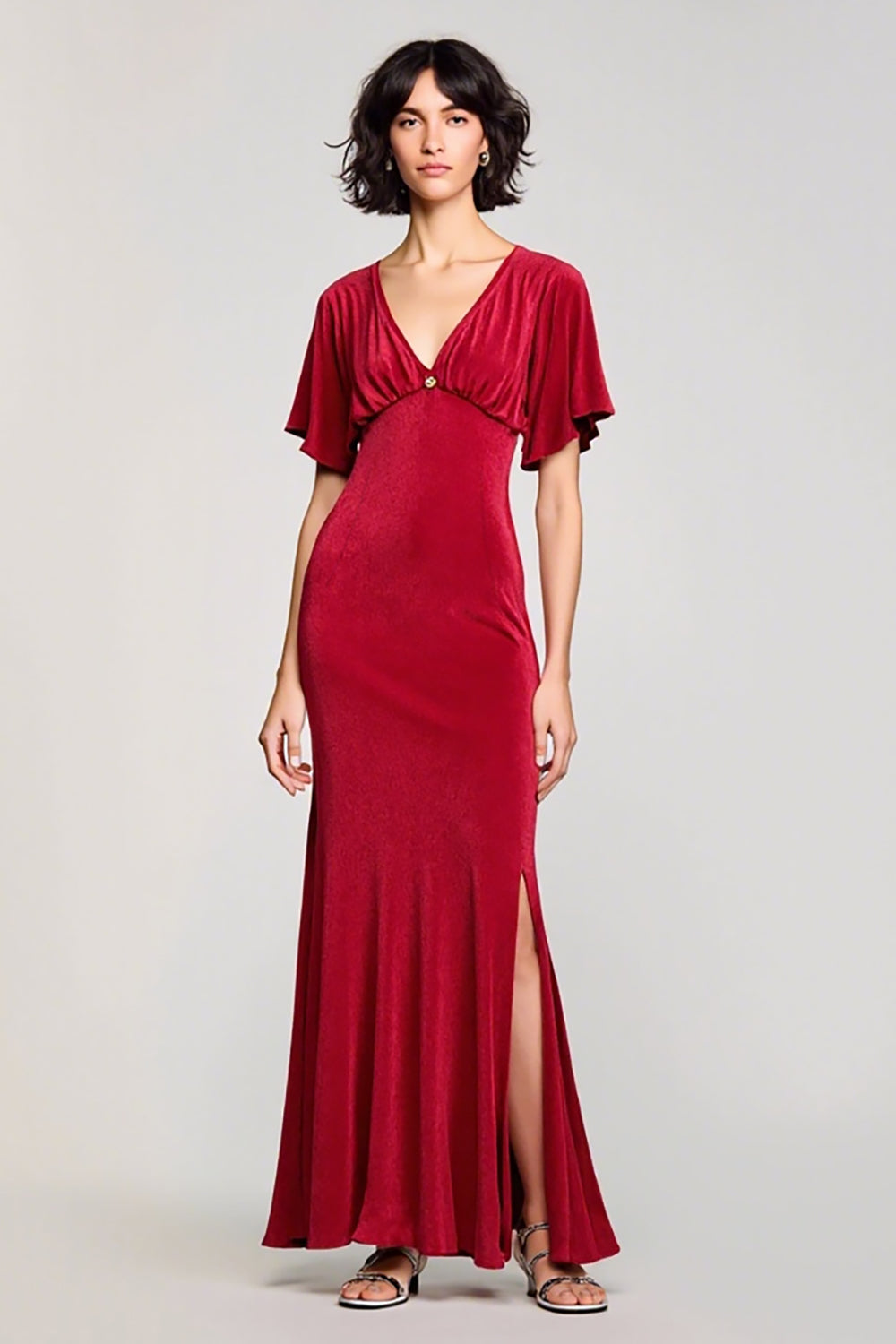 Rotes Hochzeitsgastkleid aus Samt mit V-Ausschnitt und Schlitz