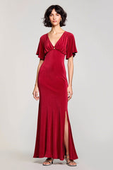 Rotes Hochzeitsgastkleid aus Samt mit V-Ausschnitt und Schlitz